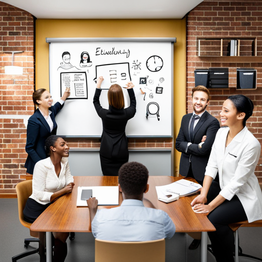 Five students in a class room at a desk, with the instructor working on the whiteboard.